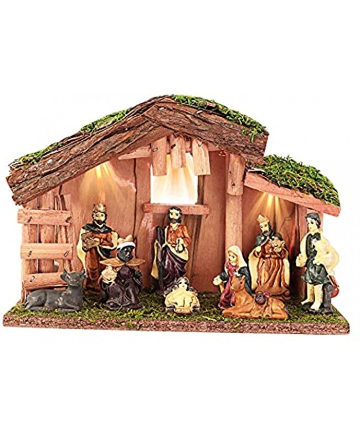 Nativity Sets for Christmas Indoor with LED Light 9 Pieces Nativity Set & Figures Real Life Nativity Scenes with Wooden Stable Resin Figures
