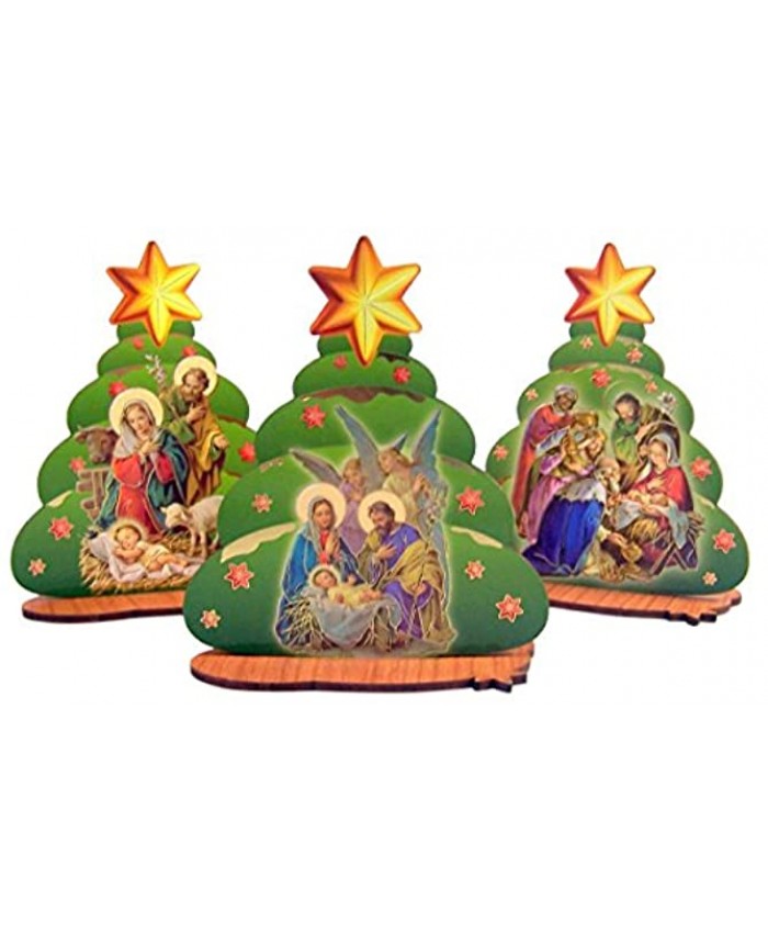 Wooden Standing Christmas Tree Figurine with Assorted Nativity Scenes Set of 3 4 1 2 Inch