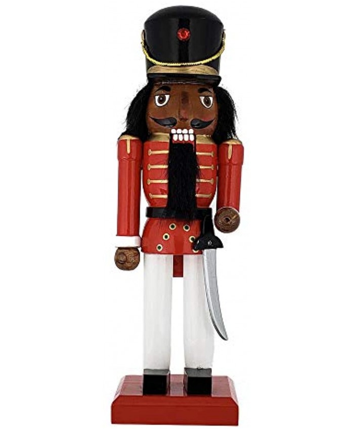 Christmas Holiday Wooden African American Nutcracker Figure Soldier with a Crisp Red Uniform Jacket Black Hat White Pants and Sword Large 10 Inch