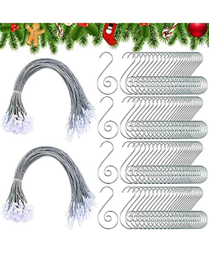 400 Pieces Christmas Ornament Hangers String Set Including 200 Pieces Christmas Ornament Hanger with Fastener and 200 Pieces Christmas Tree Ornament S-Hooks Hanger for Party Supplies Silver