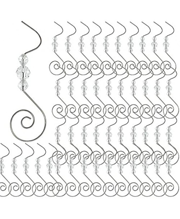 BANBERRY DESIGNS Christmas Ornaments Hooks Christmas Tree Hanger Silver Metal Wire Hanging Hook Set 48 -Swirl Scroll Design with Clear Beads -Hangers for Christmas Ornaments