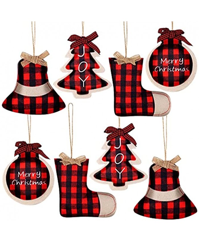 KINBOM 8Pcs 4Styles Christmas Ball Tree Bell Ornaments Red and Black Buffalo Plaid Non-Woven Fabric Stocking Shaped Hanging Decor Stitching Burlap Hanging Ornaments for Xmas Party Supplies Decoration