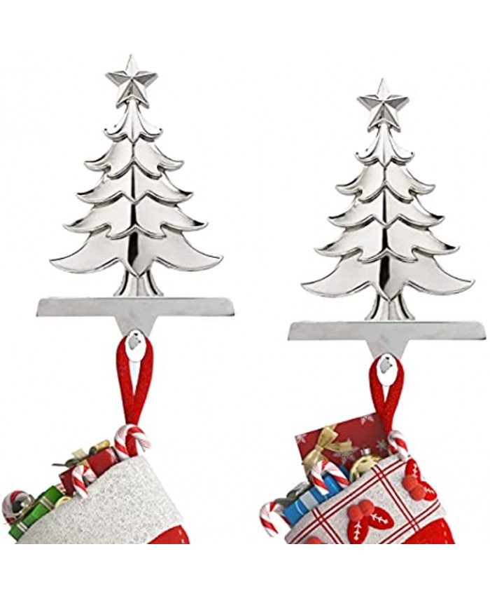 Stocking Holders for Mantle Set of 2 Silver Metal Christmas Tree Stocking Hanger Stocking Hooks for Mantle Fireplace Christmas Stocking Holders