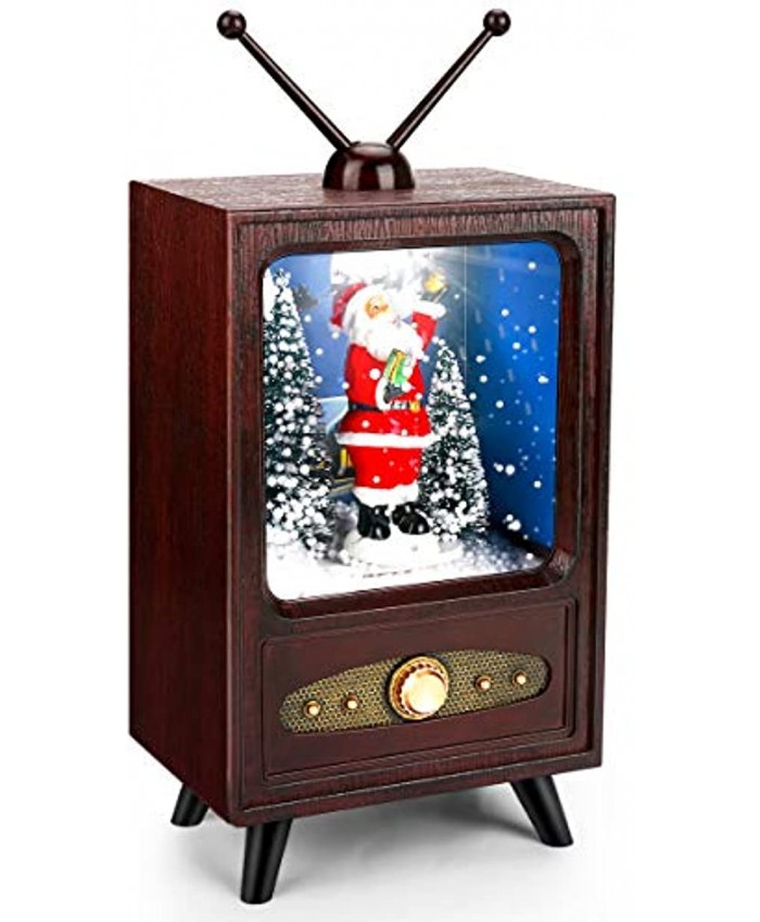 Allnice Christmas Snow Globe Muscial Box Retro TV Box Lighted Christmas Decoration with Jingle Bell Music and Santa Claus Sculpture USB Powered & Battery Operated Dark Brown