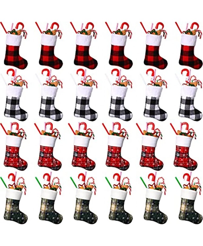24 Pieces 7 Inch Christmas Stockings Mini Buffalo Plaid Stocking Classic Stocking Red and Green Plaid Design with Snowflake and Fleece Cuff for Family Christmas Holiday Decorations Seasons Decor