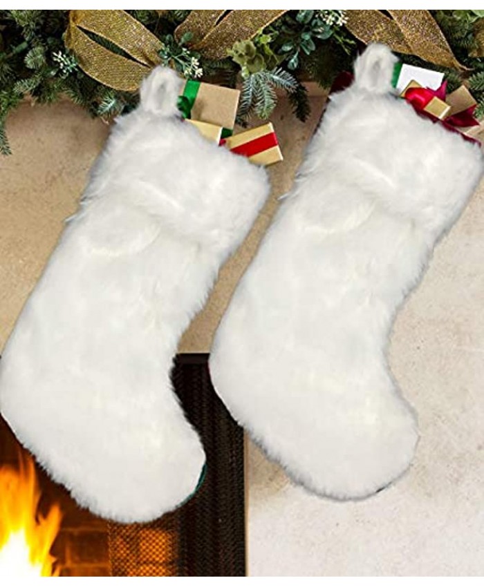 AISENO 2 Pack 18 Inch Snowy White Christmas Stockings Faux Fur Christmas Stockings Hanging Ornaments Candy Gift Bags for Christmas Decorations