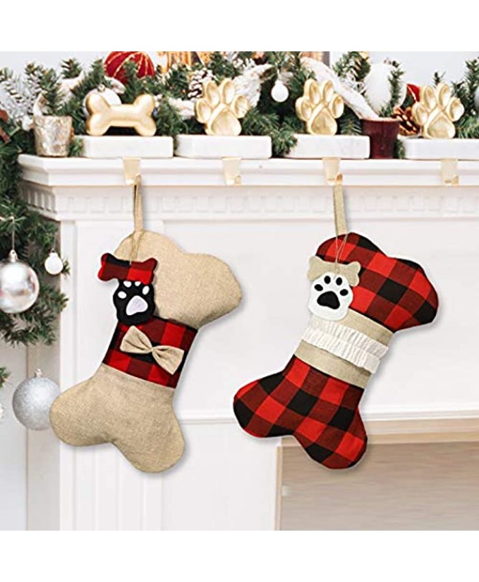 Alkey Pet Dog Christmas Stockings 2Pcs 17 Inch Burlap Plaid Large Bone Shape Pets Christmas Stockings for Christmas Decorations