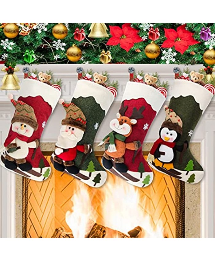 Dreampark Christmas Stockings 4 Pack 18" Big Xmas Stockings Decoration Santa Snowman Reindeer Penguin Family Stockings for Home Decor Set of 4