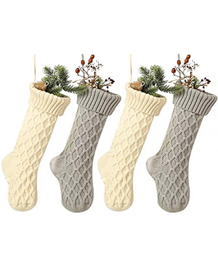 Free Yoka Christmas Stockings Cable Knit Argyle Xmas Stockings 18 Inches Large Size Personalized Ivory White and Gray for Family Holiday Season Decor 4 Pack