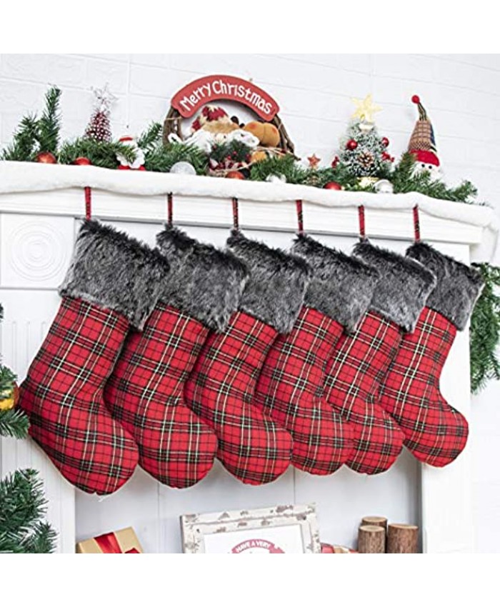 JEKOSEN Red Plaid Classic Christmas Stockings Set of 6 with Black Faux Fur Plush Cuff Traditional Hanging Xmas Stockings for Christmas Fireplace Decorations Socks 6 Pack