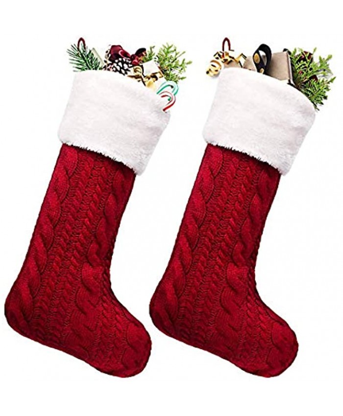 LimBridge Christmas Stockings 2 Pack 18 inches Large Cable Knit Knitted Faux Fur Cuff Xmas Rustic Personalized Stocking Decorations for Family Holiday Season Decor White or Burgundy