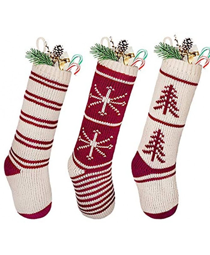LimBridge Christmas Stockings 3 Pack 20 inches Large Knit Knitted Classic Xmas Tree Snowflake Stripe Rustic Personalized Stocking Decorations for Family Holiday Season Decor
