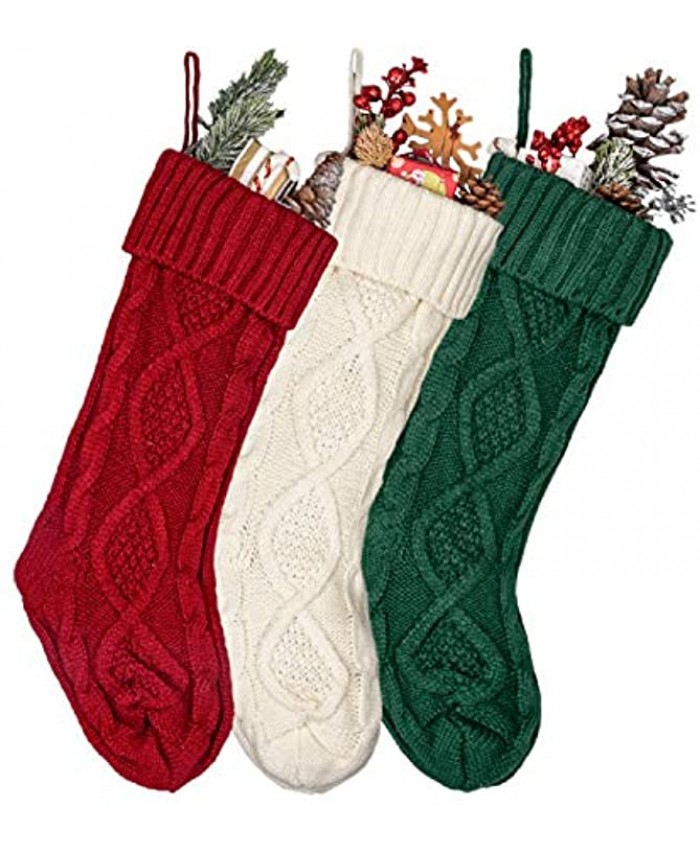 MOSTOP 3 Pack Knit Christmas Stockings Unique 18 inches Large Size Cable Knitted Xmas Rustic Stocking Decorations for Family Holiday Season Decor Burgundy Ivory White Green