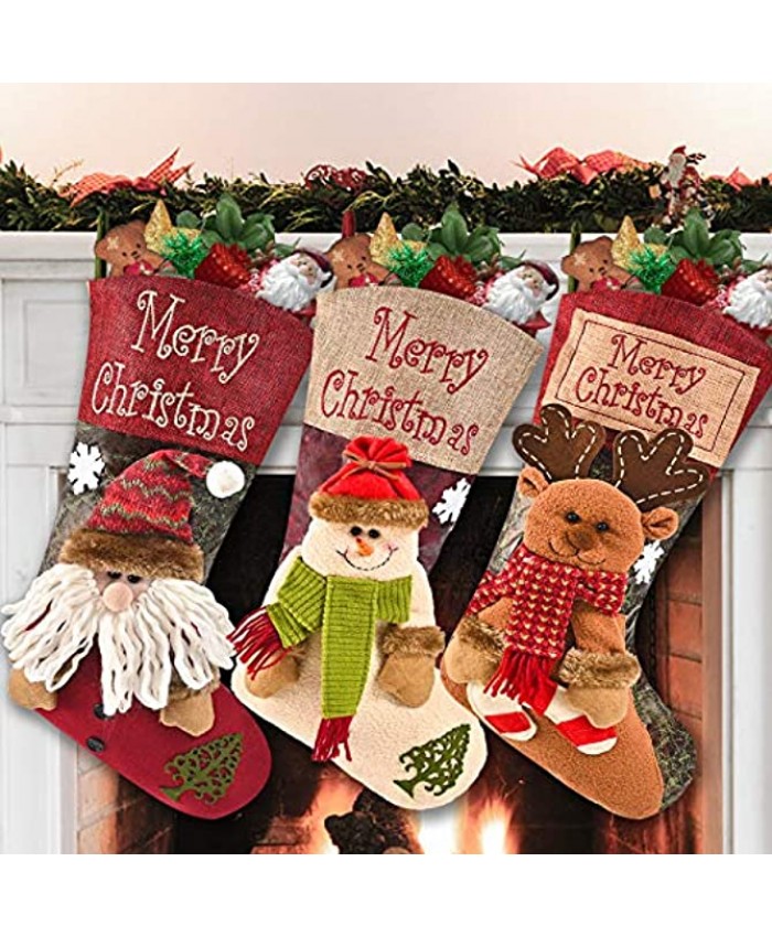 Qhui Christmas Stockings 3 Pack 18" Large Classic Christmas Stocking with 3D Style Santa Claus Snowman Reindeer and Sturdy Hanging Loop for Fireplace Hanging Christmas and Home Decorations