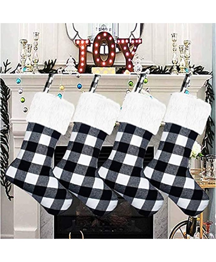Senneny Christmas Stockings- 4 Pack 18" Buffalo Plaid Christmas Stockings with Plush Faux Fur Cuff Classic Large Christmas Stockings Decorations for Family Christmas Holiday Party Black and White