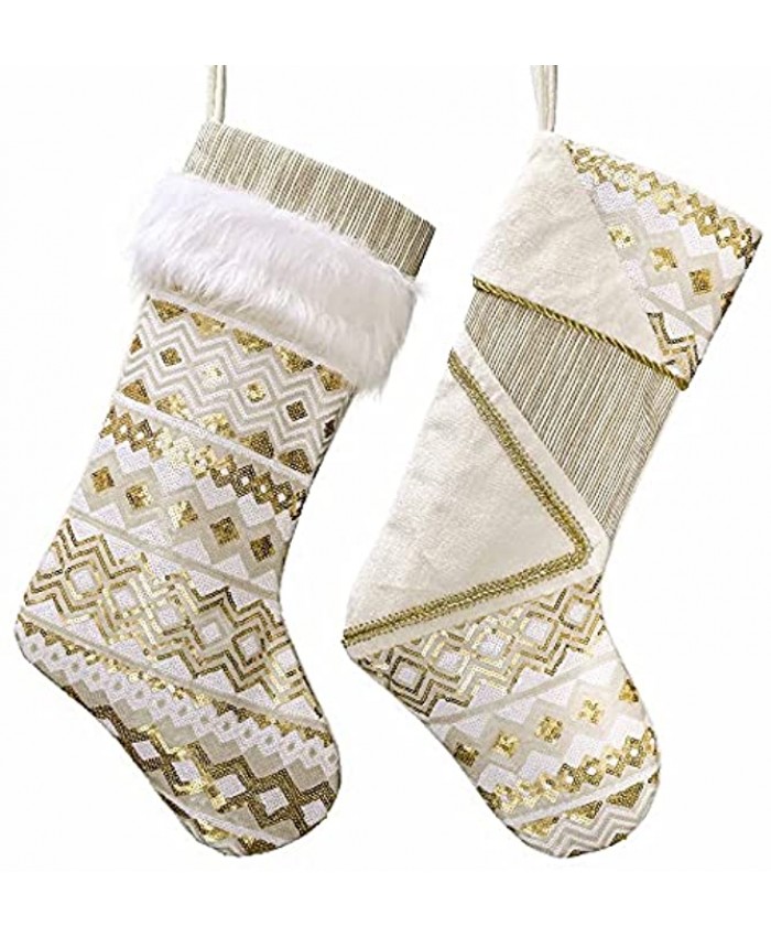 Valery Madelyn 21 Inch 2 Pack Large Luxury White Gold Christmas Stockings Decorations Personalized Hanging Ornamnets with Embroidery Sequins and Cuff for Xmas Gifts