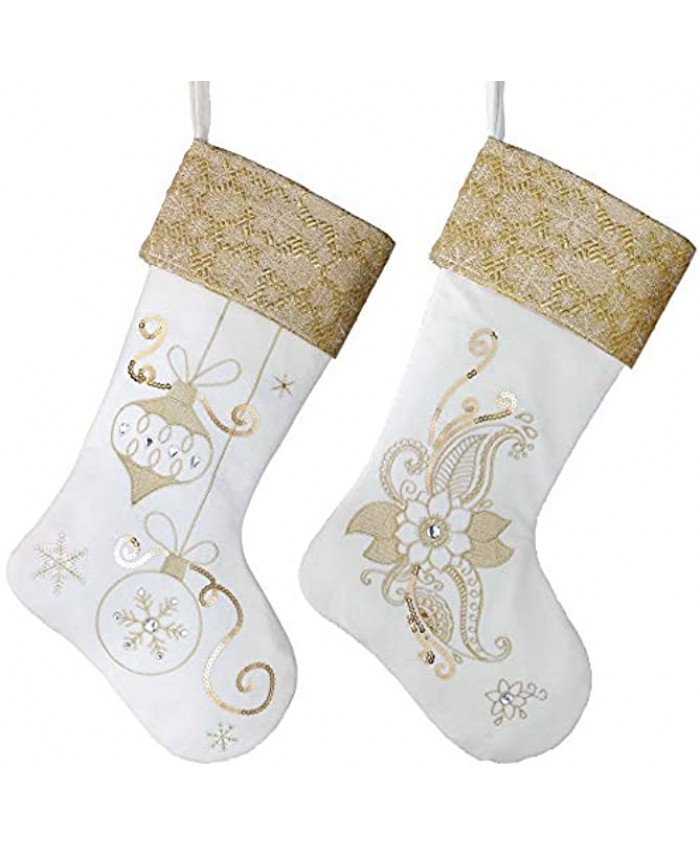 Valery Madelyn 21 Inch 2 Pack Large Luxury White Gold Christmas Stockings Decorations Personalized Hanging Ornamnets with Christmas Flower and Ball Patterns for Xmas Gifts