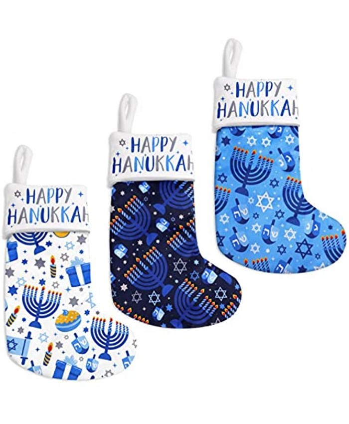 Vansolinne Hanukkah Stockings Set of 3 Chanukah Hanging Stocks Holiday Plush Socks Gift Bags for Mental Fireplace Hanging Ornament Xmas Decorations