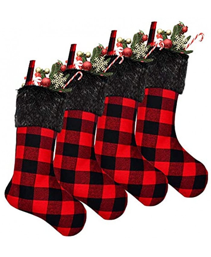Yodofol 4 Pack Pet Dog Christmas Stockings Classic Buffalo Red and Black Plaid with Plush Cuff Dog Christmas Stocking for Dogs Christmas Decorations Red and Black