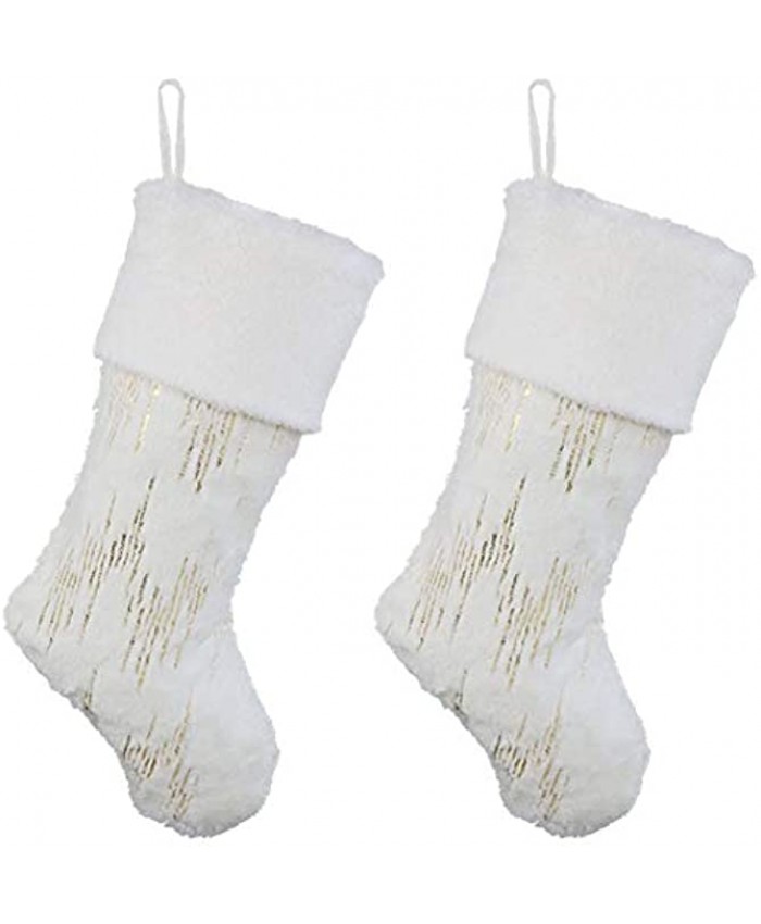 YOSICHY 18” Christmas Stockings White Plush Faux Fur with Glitter Gold Sequin Snowy Xmas Hanging Stocking for Holiday Party Decor Pack of 2