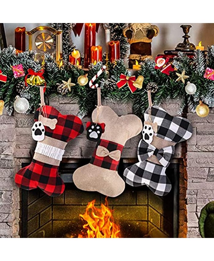 Yostyle Pet Dog Christmas Stockings Set of 3,Buffalo Plaid 18" Large Bone Shape Pets Stockings for Dogs Christmas Holiday Decorations