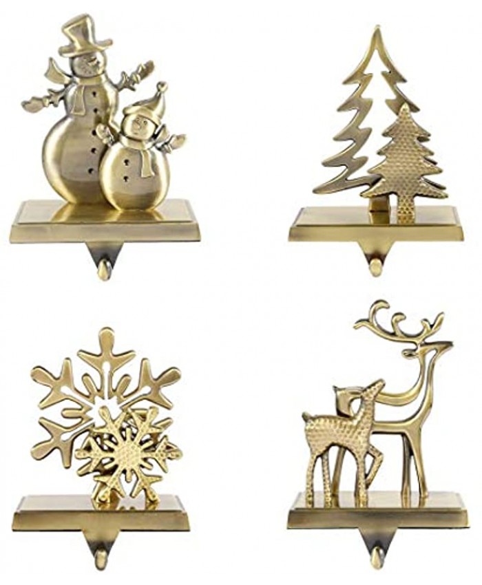 4Pcs Christmas Stocking Holders Double Mantle Anti-Slip Reindeer Christmas Tree Snowman Snowflake Deer Holders for Fireplace Xmas Decor 4 Bronze