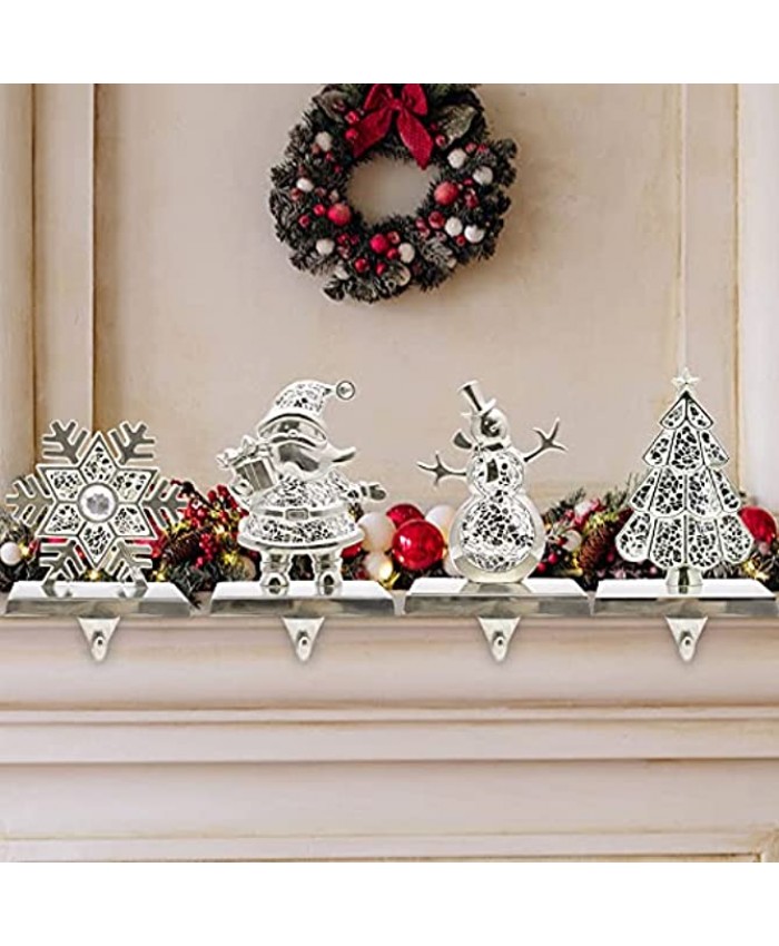 CARAKNOTS Silver Stocking Holders for Mantel Set of 4 Christmas Stocking Holder Rustic Stocking Hangers for Mantle Fireplace Stocking Hooks for Christmas Party Decoration