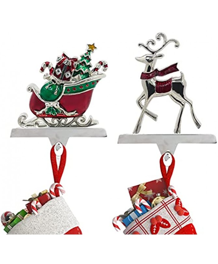 Christmas Stocking Holder Set of 2 Colorful Reindeer Sleigh Christmas Stocking Hanger Stocking Holders for Mantle Fireplace Home Decoration