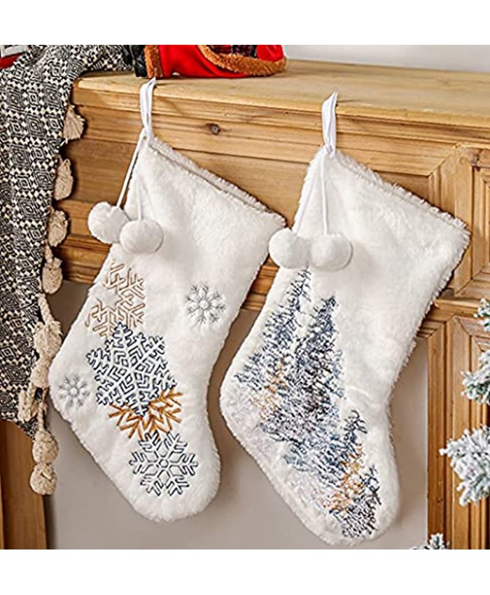 Christmas Stockings 2 Pcs 21 inches White Gold Sequin Snowflake and Plush Faux Fur Christmas Stocking Christmas Decorations Family Holiday Xmas Party Accessory Embroidery Tree Snowflake