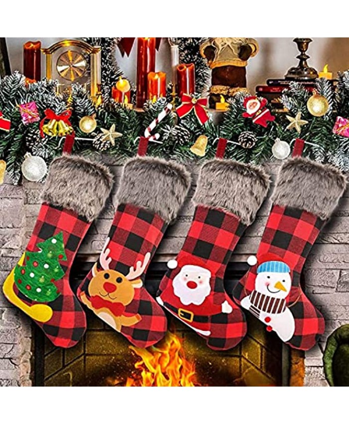Christmas Stockings Set of 4 18" Large Xmas Stockings Burlap Plaid Style with Snowflake Santa Snowman Reindeer and Plush Faux Fur Cuff Family Hanging Socks for Xmas Gift Holiday Season Party Decor