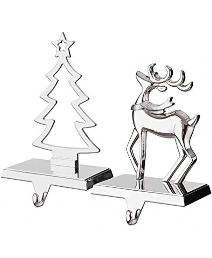 Christmas Tree and Reindeer Stocking Holders for Mantel Set of 2,Stocking Hangers for Fireplace,Mantel Holder Hanger for Stocking Garland,Metal Stocking Hooks Xmas Decoration Reindeer and Tree