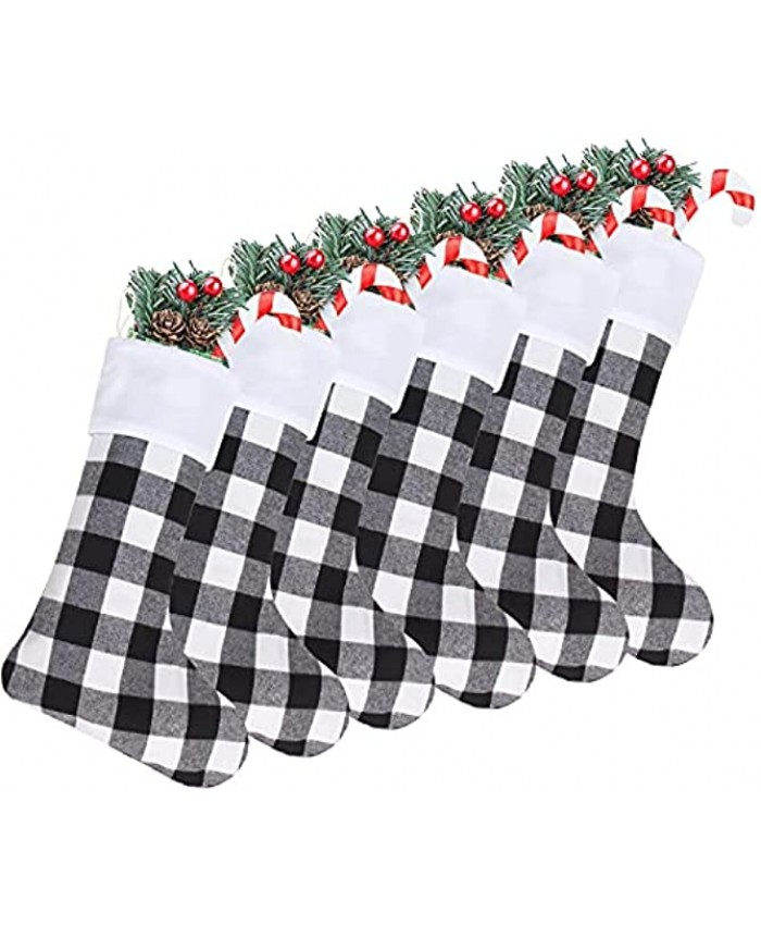 DIYASY Christmas Buffalo Plaid Stockings,6 Pack 18 Inches Large Black White Plaid Stockings with Plush Cuff,Personalized Christmas Stockings for Fireplace Hanging and Family Holiday Party Décoration