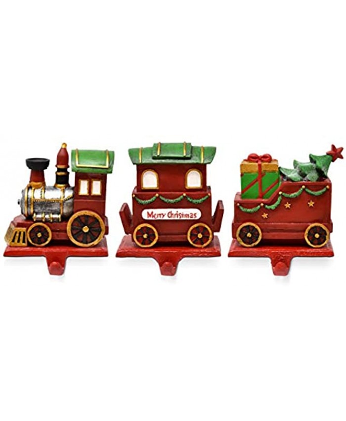 Gift Boutique Christmas Train Stocking Holders for Mantle Fireplace Set of 3 Weighted Resin Metal Stocking Hanger with Iron Hooks Holiday Decoration