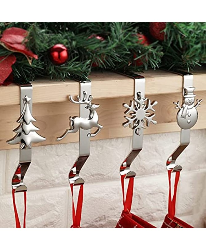 HelaJoy Christmas Stocking Holders for Mantle Different Pattern Christmas Stocking Hangers for Mantel Silver Christmas Stocking Hooks Stocking Holder Set of 4