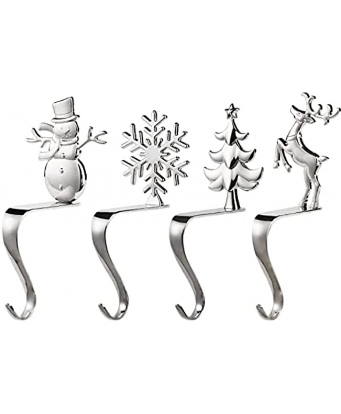HelaJoy Christmas Stocking Holders for Mantle Stocking Hangers with [NO-Scratch Film] for Mantel Fireplace Shelf Chimney Silver Stocking Holder Christmas Stocking Hooks Set of 4