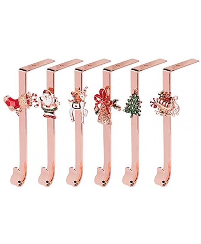 JEKOSEN Christmas Stocking Holder+Christmas Elements Brooch Set of 6 Hanger Hook Fireplace Mantel Rose Gold Plating Hook Decoration Rose Gold