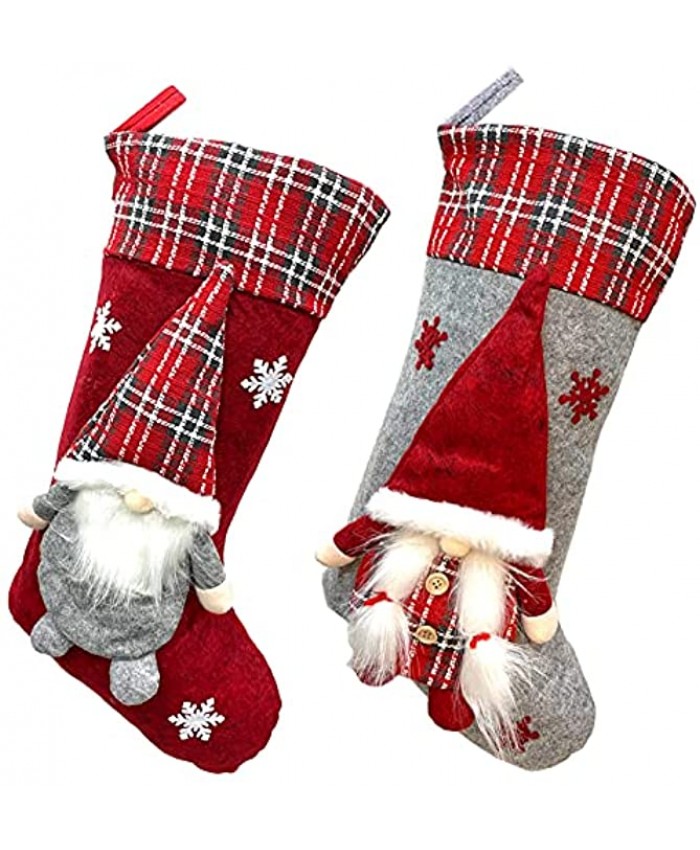 Meajore 2 Pcs Christmas Stockings New Set,3D Gnomes Santa Christmas Stockings Personalized 18inch Soft Classic Red and Grey Fireplace Hanging for Family Holiday Xmas Party Decorations