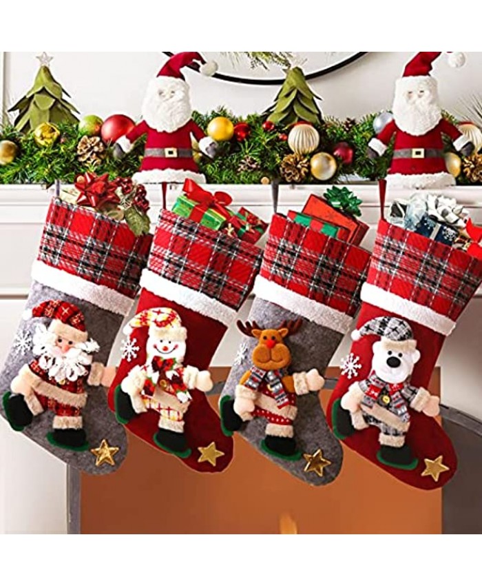 NIBESSER Christmas Stockings Set of 4 15.7" Classic Farmhouse Large Christmas Stockings with 3D Santa Snowman Reindeer Polar Bear for Family Holiday Party Christmas Decorations Grey and Burgundy