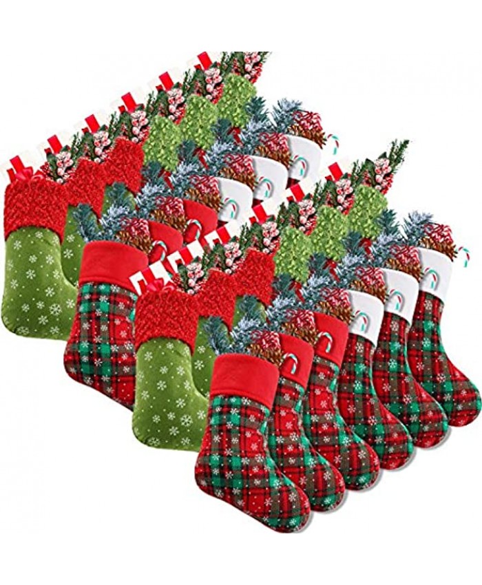 Syhood 9 Inch Christmas Mini Stockings Plaid Snowflake Christmas Stockings Christmas Tree Hanging Stocking for Xmas New Year Party Decorations 24