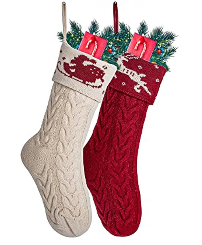 TOMAY Christmas Stockings Set of 2 Large Size 17 inches Cable Knit Christmas Stockings for Christmas Decor Family Burgundy and Ivory White