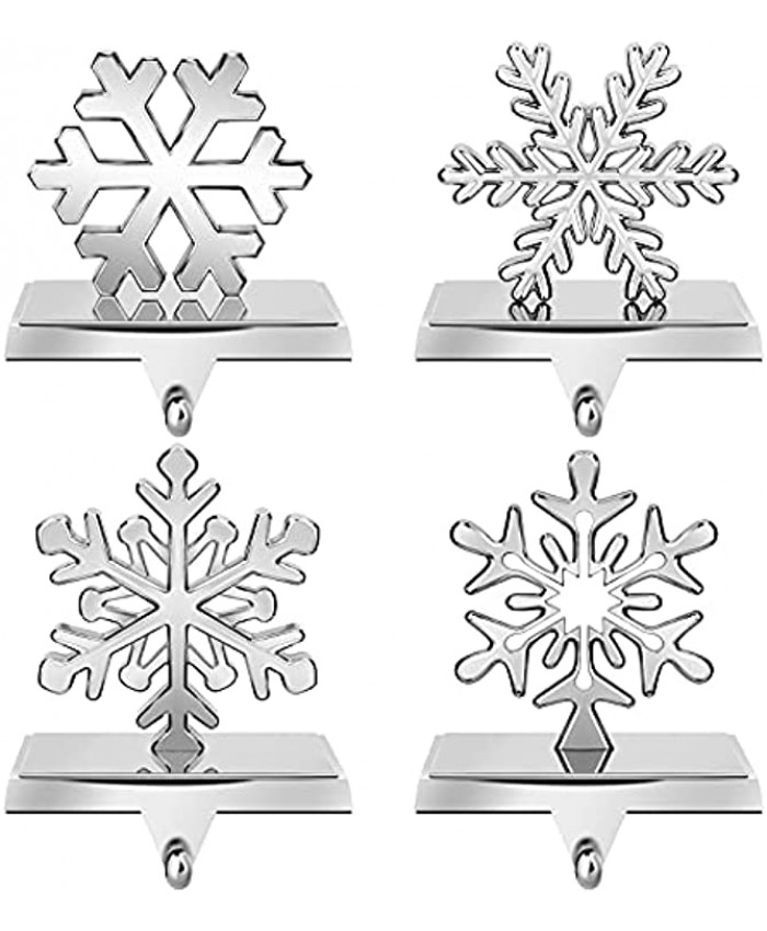 URATOT Pack of 4 Christmas Stocking Holders Snowflake Stocking Hangers Mantel Stocking Hooks for Christmas Decoration Silver