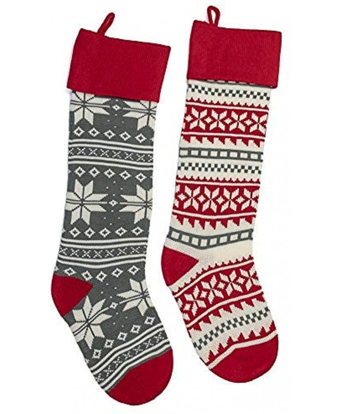 Vita Domi 25" Long Snowflake Star Red and Grey Knit Christmas Stockings Red and Grey