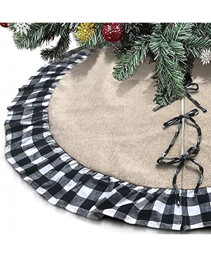 48 Inch Large Christmas Tree Skirt Burlap Rustic Buffalo Plaid Tree Skirt with White Ruffle Edge Christmas Decorations Burlap Xmas Tree Skirt Farmhouse Décor for Christmas Holiday Party Black