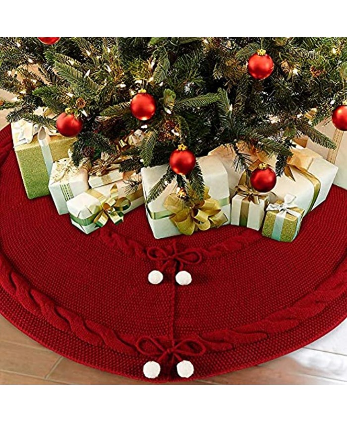 AerWo 48inch Deep Red Christmas Tree Skirt Thick Luxury Knit Christmas Tree Skirt Double Layers Rustic Christmas Tree Skirt Ornament with 6 Snowballs for Christmas Xmas Tree 5 ft to 7ft