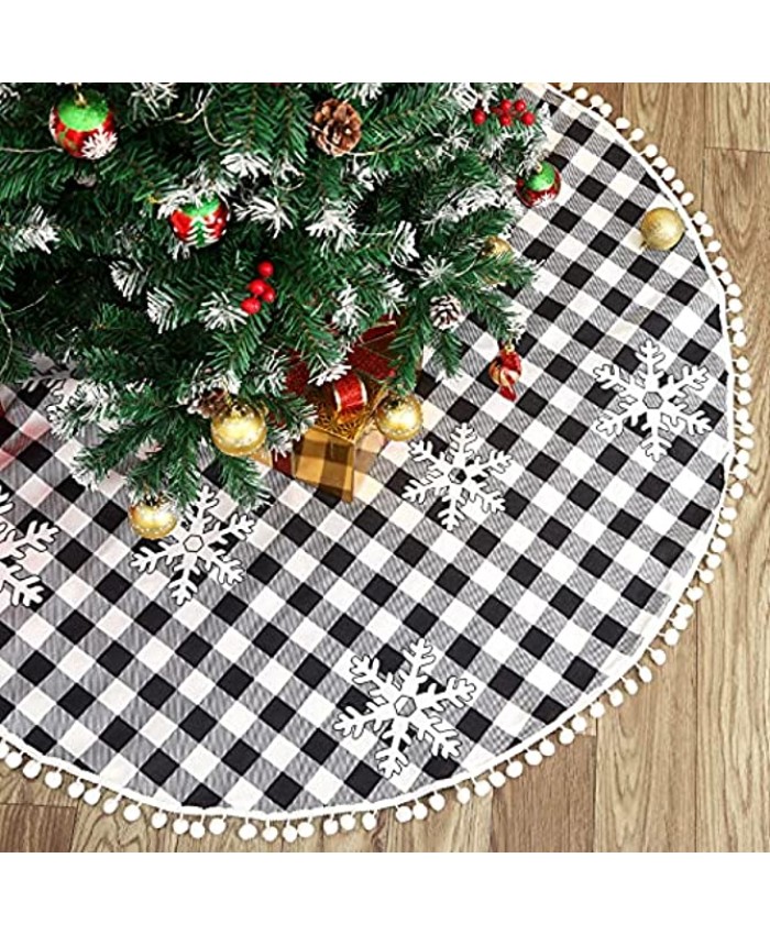 Black and White Buffalo Plaid Christmas Tree Skirt 48 Inch Rustic Black Snowflake Tree Skirt with Pom Pom Black Double Layers Fabric Xmas Tree Skirt for Winter New Year Holiday House Decoration