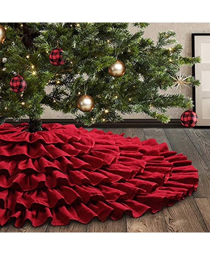 Meriwoods Ruffled Burlap Christmas Tree Skirt 48 Inch Large Natural Linen Tree Collar Country Rustic Indoor Xmas Decorations Burgundy Red