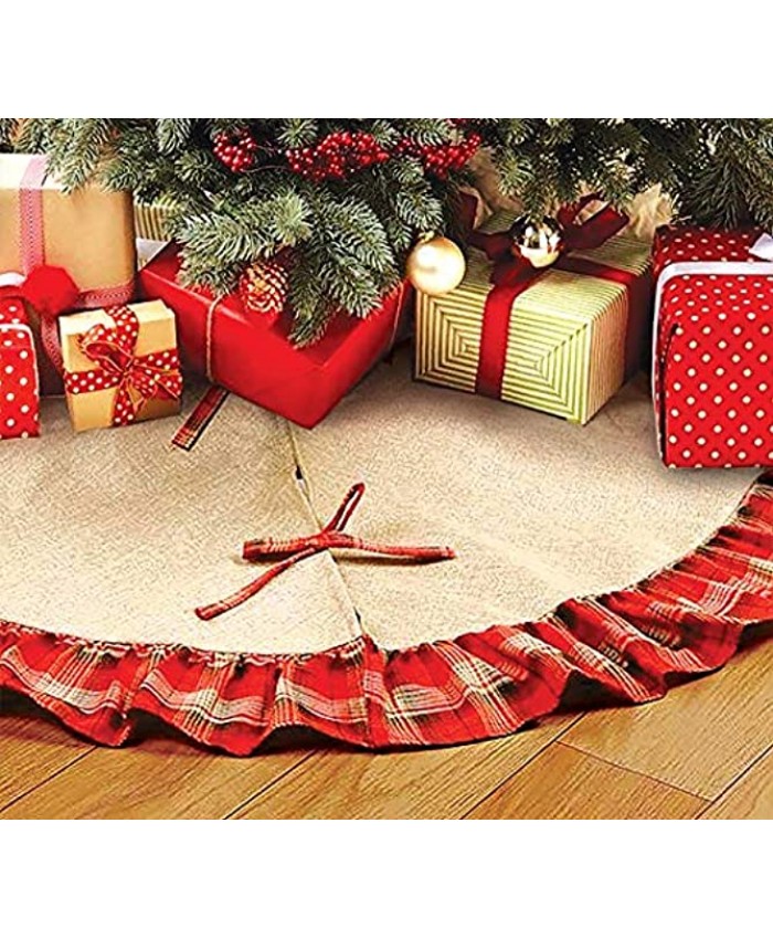 OLYPHAN Burlap Tree Skirt for Christmas Rustic Large Country Natural Brown Skirts & Red Plaid Trim Farmhouse Xmas Holiday Decorations 30 Inch Round Diameter