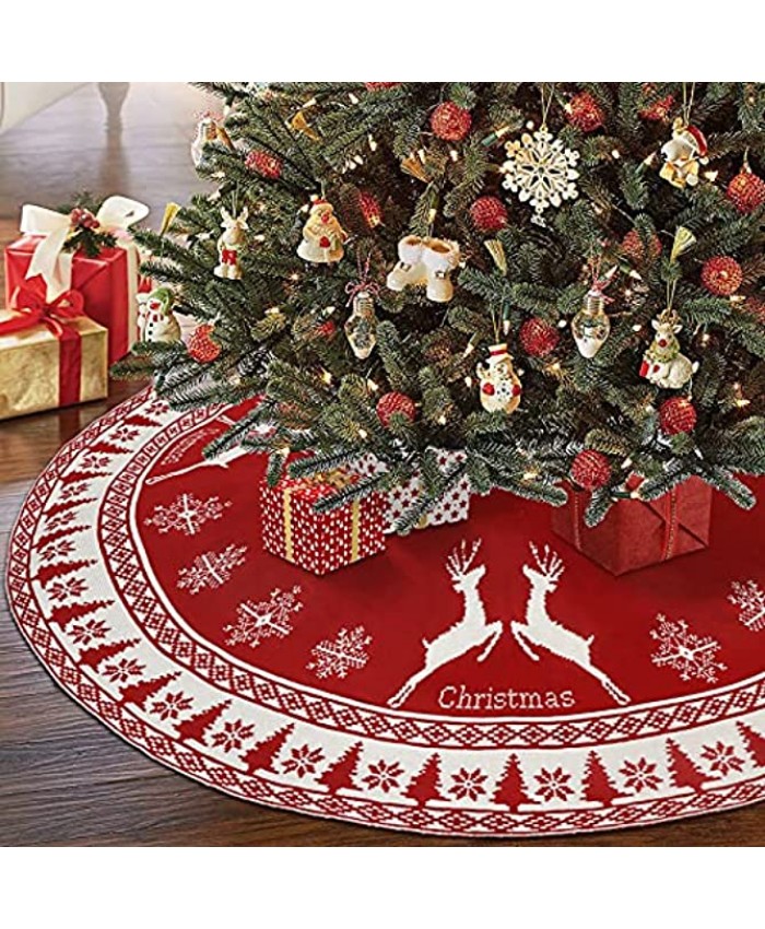 OurWarm Christmas Tree Skirt 48 Inch Red Knitted Christmas Tree Skirt with Snowflake & Reindeer Rustic Double-Sided Xmas Tree Skirt Christmas Decorations for Holiday Party Decor Indoor Outdoor