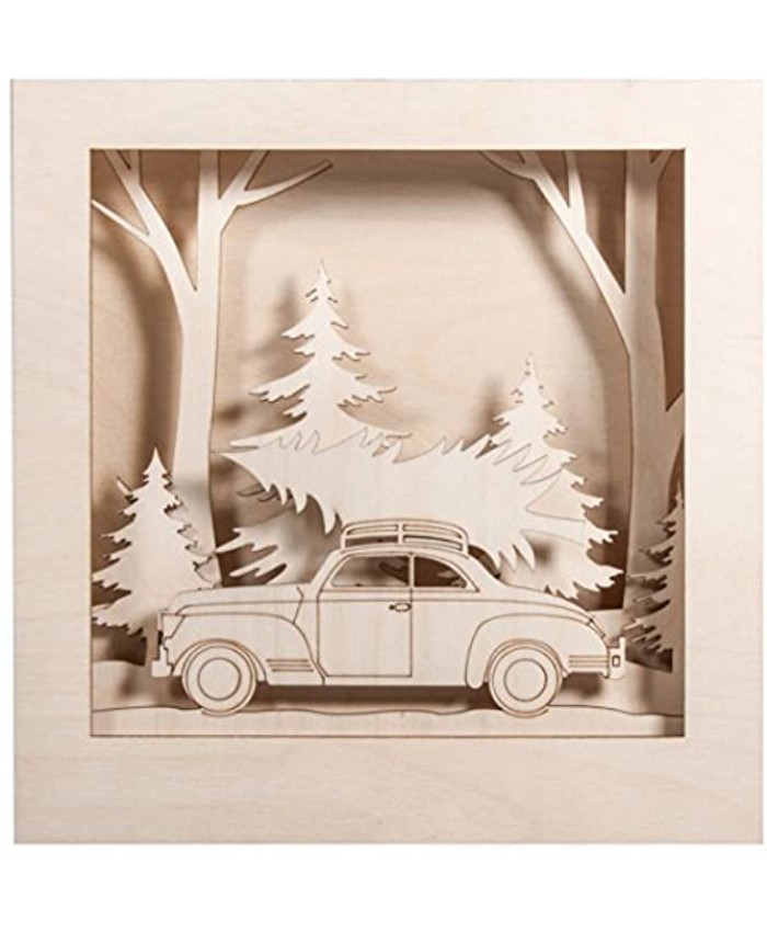 Rayher Shadow Box Building Kit with 3D Winter Car Scenery DIY Wood Craft Set 14 slot-together Pieces 30x30x6.6cm