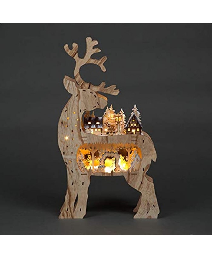 SHATCHI 69cm Christmas Front Back Facing Reindeer Wooden Laser Cut Battery Operated Village Scenery and Warm White LEDs Home Decorations Wood 38x11x69 cm
